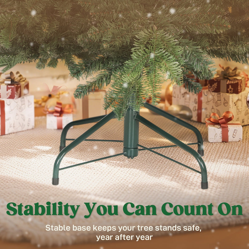 Close-up of the green foldable metal stand at the base of the tree