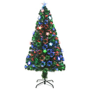 Front view of the green 5ft fibre optic Christmas tree with star lights on a black metal stand
