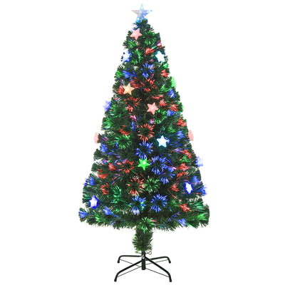 Front view of the green 5ft fibre optic Christmas tree with star lights on a black metal stand