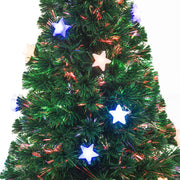 Close-up of blue, white and pink star lights on the branches