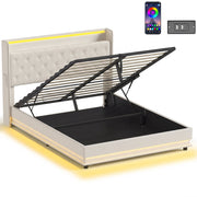 HOMCOM 5ft king ottoman bed frame in cream white, base raised showing the hydraulic lift and headboard shelf