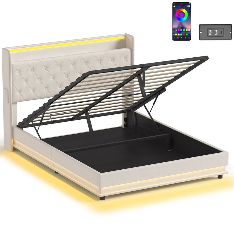HOMCOM 5ft king ottoman bed frame in cream white, base raised showing the hydraulic lift and headboard shelf