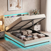 Cream white ottoman storage bed with lid open showing folded clothes and storage boxes underneath