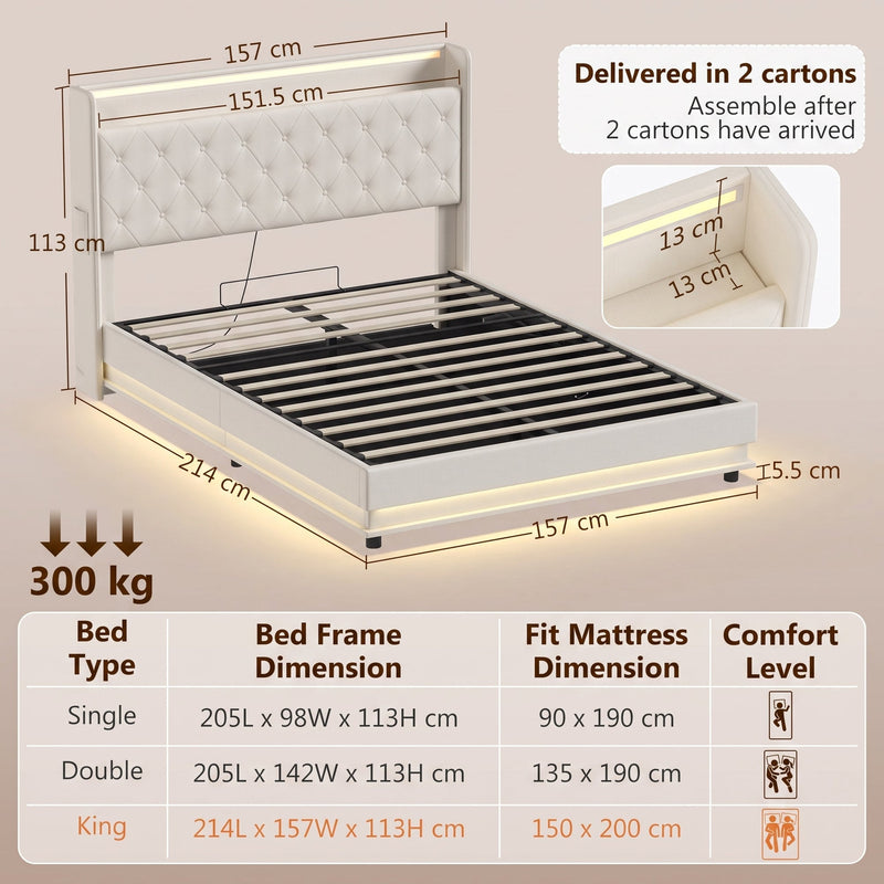 Dimensions diagram comparing single, double and king HOMCOM ottoman bed frame sizes and mattress fit