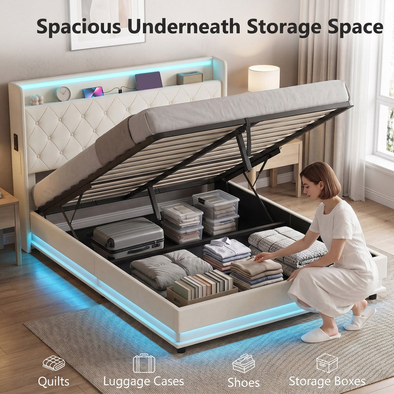 Underneath storage space in the cream white ottoman bed holding a suitcase, shoes and folded clothing