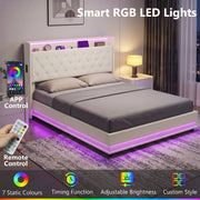 Cream white bed frame with smart RGB LED lighting shown in colour mode, controlled by app or remote