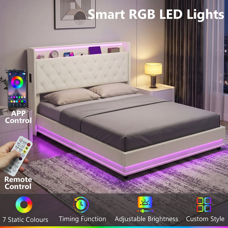 Cream white bed frame with smart RGB LED lighting shown in colour mode, controlled by app or remote