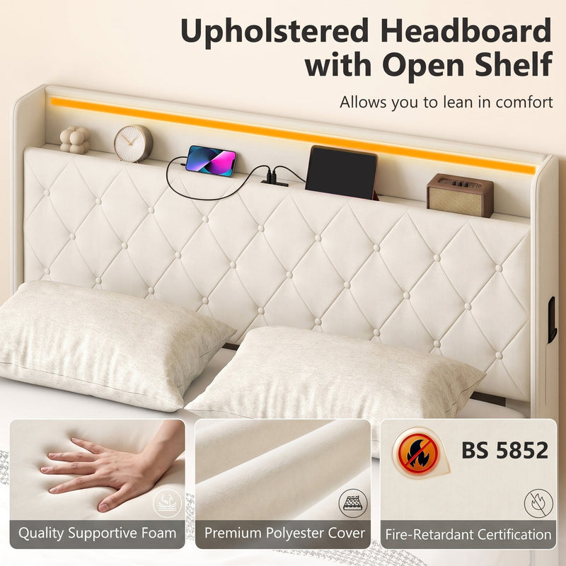 Upholstered cream white headboard with open shelf, supportive foam and fire-retardant polyester cover