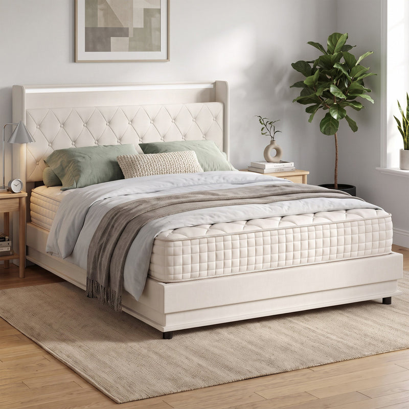 Cream white ottoman bed frame styled in a bedroom with soft bedding and cushions