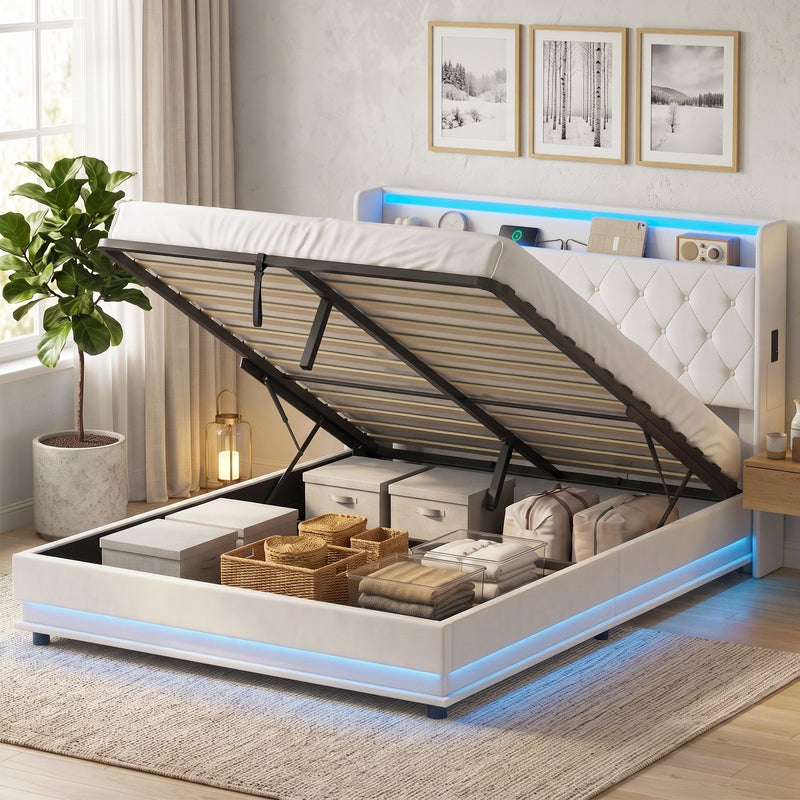 Cream white ottoman bed frame with lid raised revealing storage baskets in a styled bedroom