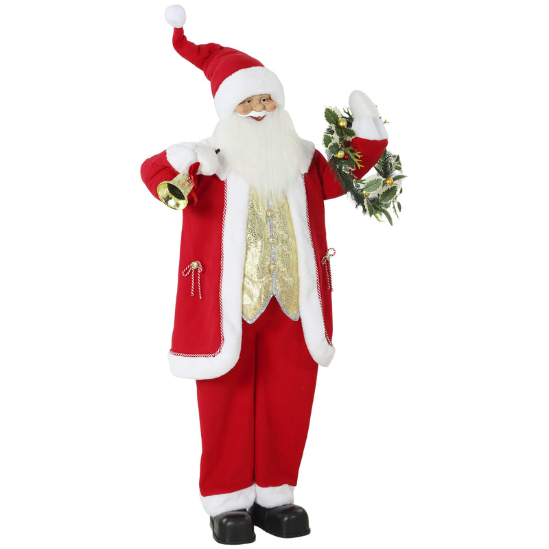 Red 5ft Santa Claus figure holding a golden handbell and wreath on a white background