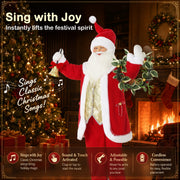 Features panel showing Santa figure by a fireplace with a Sing with Joy caption