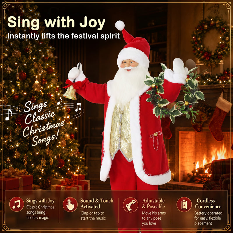 Features panel showing Santa figure by a fireplace with a Sing with Joy caption