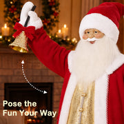 Close-up of Santa's golden handbell with red bow and Pose the Fun Your Way caption