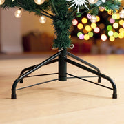 Close-up of the black folding metal stand and trunk of the tree