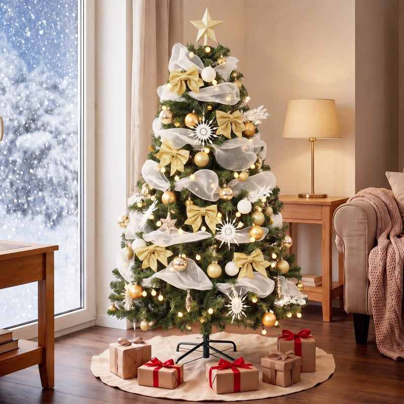 Decorated tree in a living room by a snowy window with gifts on a cream tree skirt
