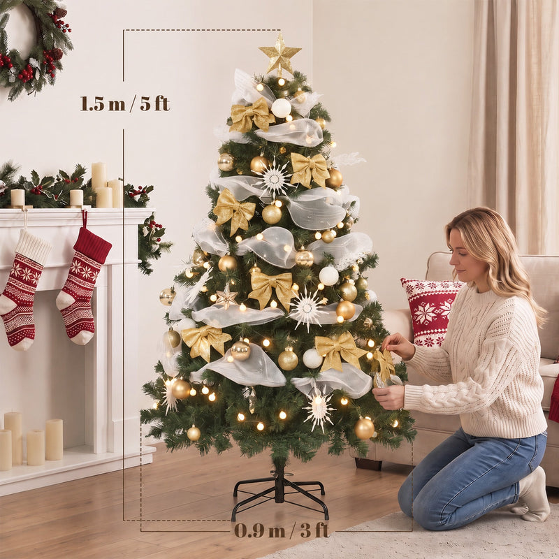 Woman adding an ornament with size labels showing 1.5 m (5ft) height and 0.9 m (3ft) width