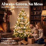Family beside the lit tree with text listing no watering, no falling needles and flame-retardant