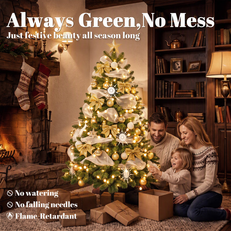 Family beside the lit tree with text listing no watering, no falling needles and flame-retardant