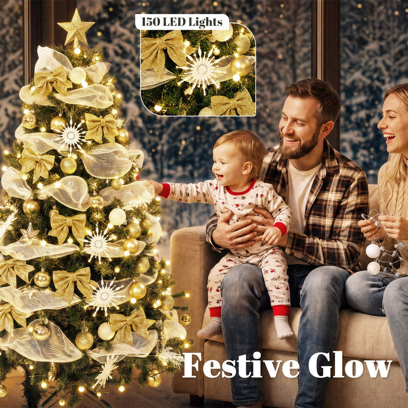 Family with a toddler beside the tree with a close-up callout of the 150 LED lights