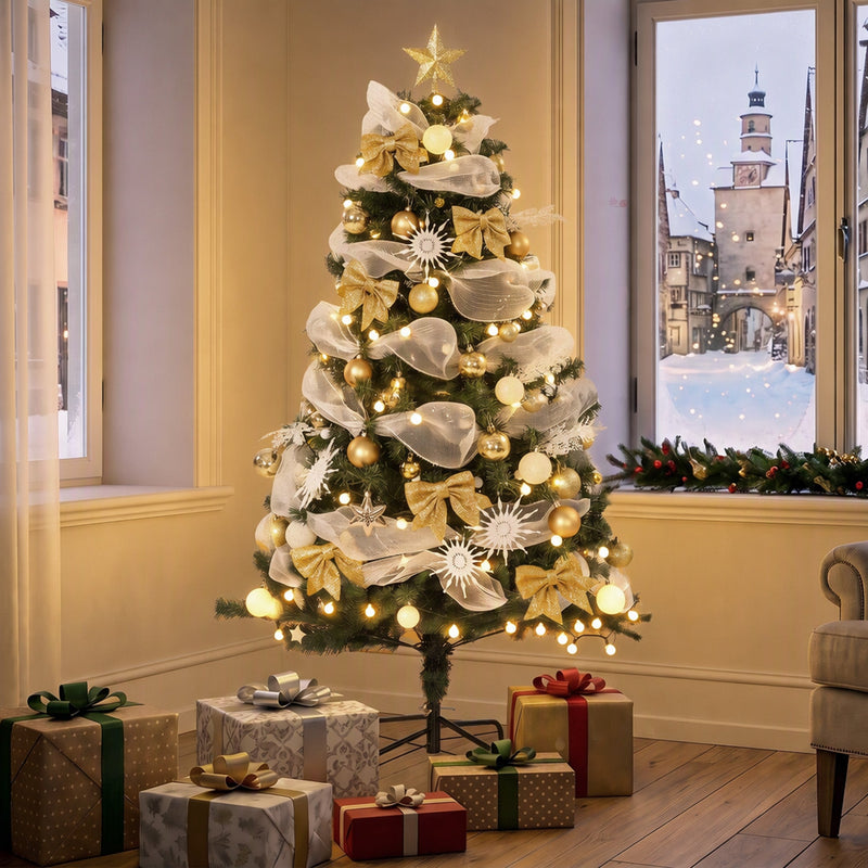Lit decorated tree in a corner by a window with wrapped gifts on the floor