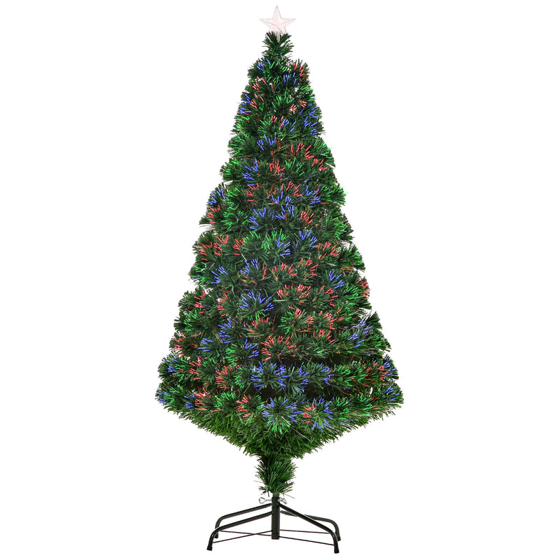 Green fibre optic Christmas tree with multicolour tips on a black metal stand