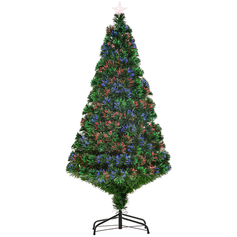 5ft green fibre optic Christmas tree with multicolour lights and a star topper on a black metal stand