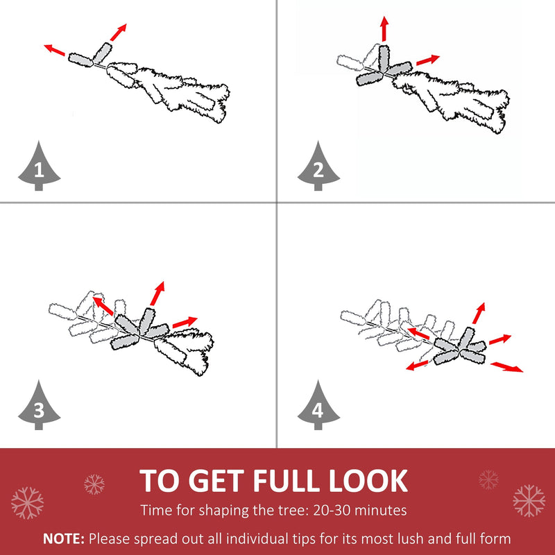 Four-step diagram showing how to spread out the branch tips, with a 20-30 minute shaping time