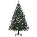 5ft snow flocked green Christmas tree with pine cones on a black metal stand