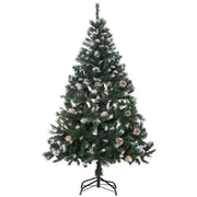 5ft snow flocked green Christmas tree with pine cones on a black metal stand