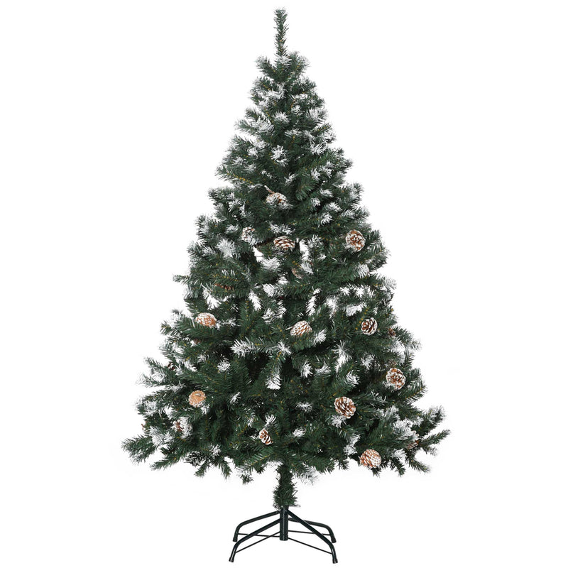 5ft snow flocked green Christmas tree with pine cones on a black metal stand