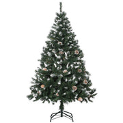Front view of the 5ft snow flocked Christmas tree on its metal stand