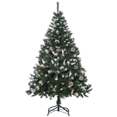 5ft snow flocked green Christmas tree with pine cones on a black metal stand
