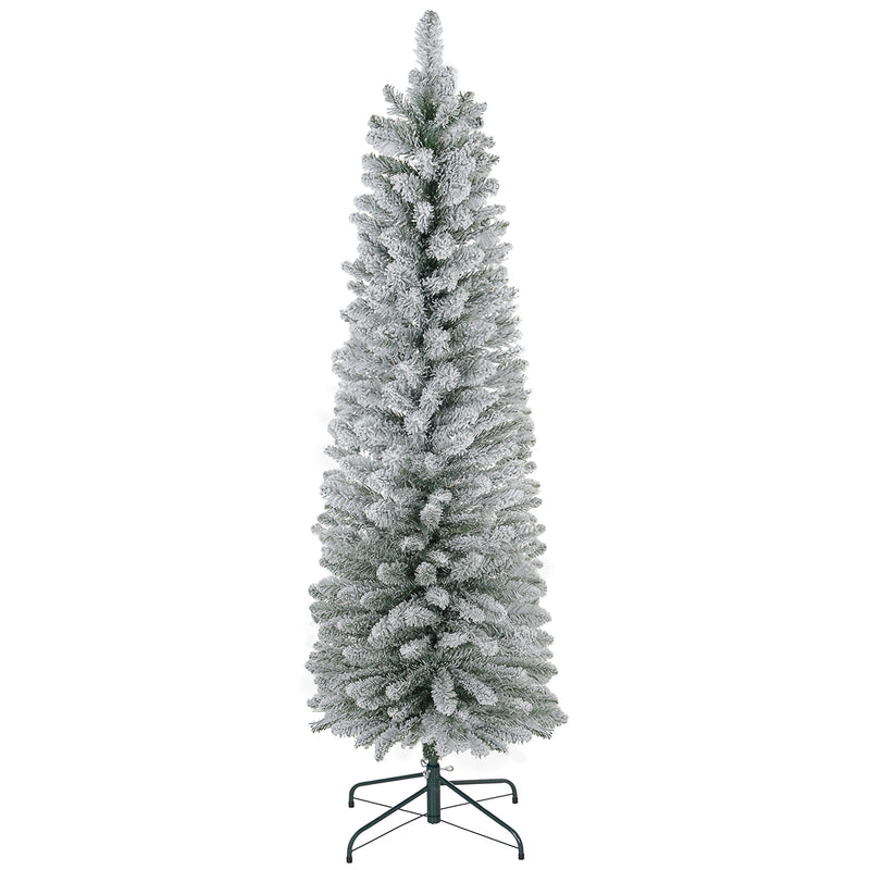 5ft white snow-flocked pencil Christmas tree on a green metal stand, studio shot