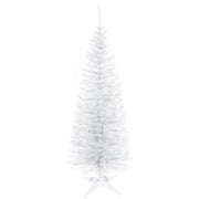 Full-length white pencil Christmas tree on a white plastic stand, white background