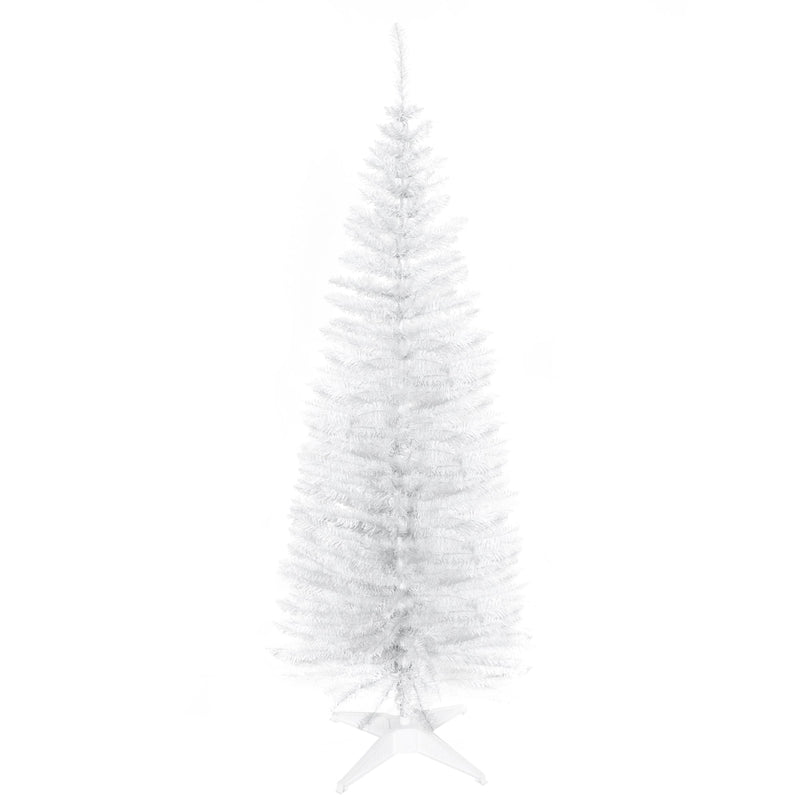 Full-length white pencil Christmas tree on a white plastic stand, white background