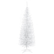 White unlit pencil Christmas tree on a white plastic stand, white background