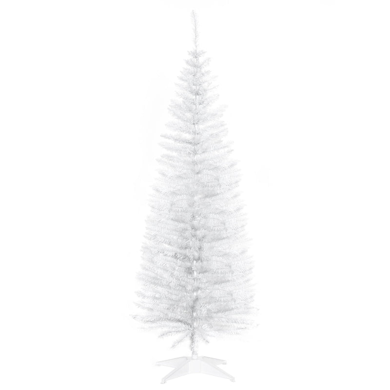 White unlit pencil Christmas tree on a white plastic stand, white background