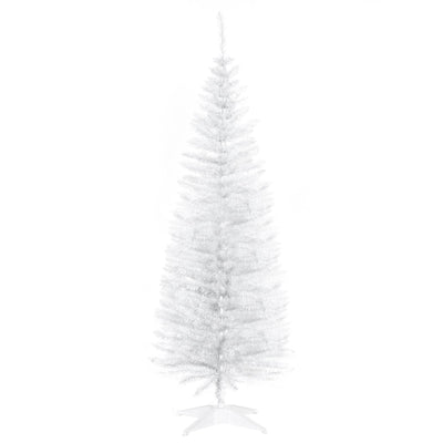 White unlit pencil Christmas tree on a white plastic stand, white background