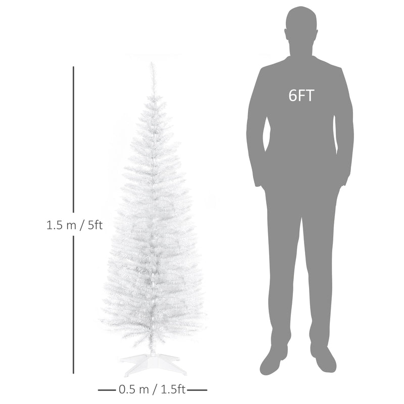 Dimensions of the 5ft white tree: 1.5 m high and 0.5 m wide, beside a human silhouette