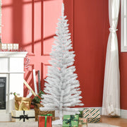 White pencil Christmas tree with wrapped gifts in a red room beside a fireplace