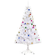 Front view of the 5ft white Christmas tree with ornaments on a white stand