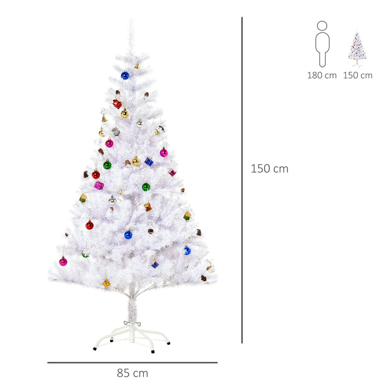 Dimensions diagram showing the white Christmas tree 150 cm tall and 85 cm wide