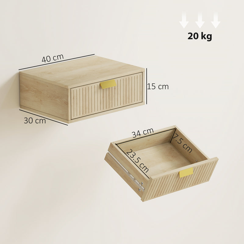 Floating Wall Mounted Bedside Table Set with Drawer for Clutter Free Storage Oak