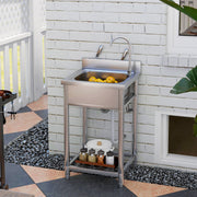 Silver Outdoor Utility Sink with Hot Cold Water Pipes and Shelf for Garage or Laundry by Outsunny