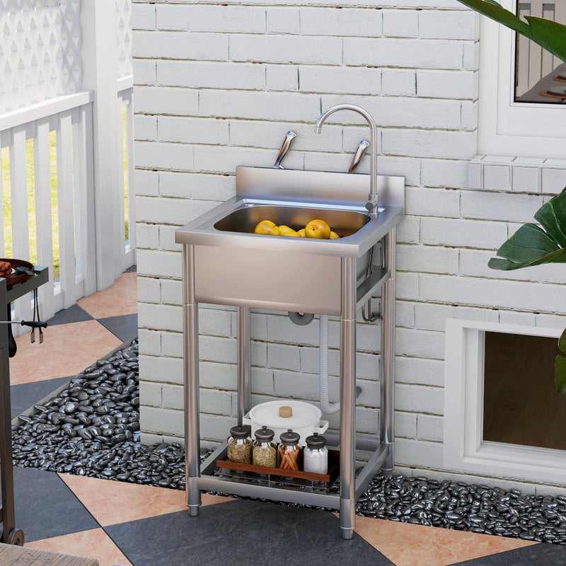 Silver Outdoor Utility Sink with Hot Cold Water Pipes and Shelf for Garage or Laundry by Outsunny