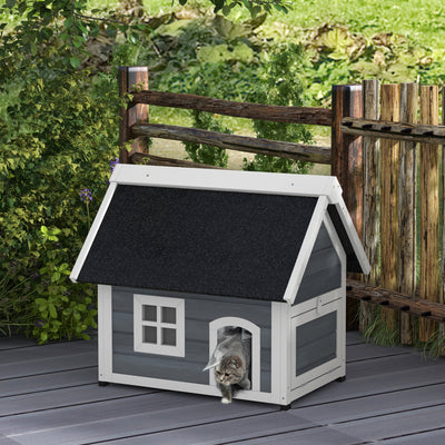 Wooden Outdoor Cat House Shelter with Openable Roof and Escape Doors for Feral Cats, Grey