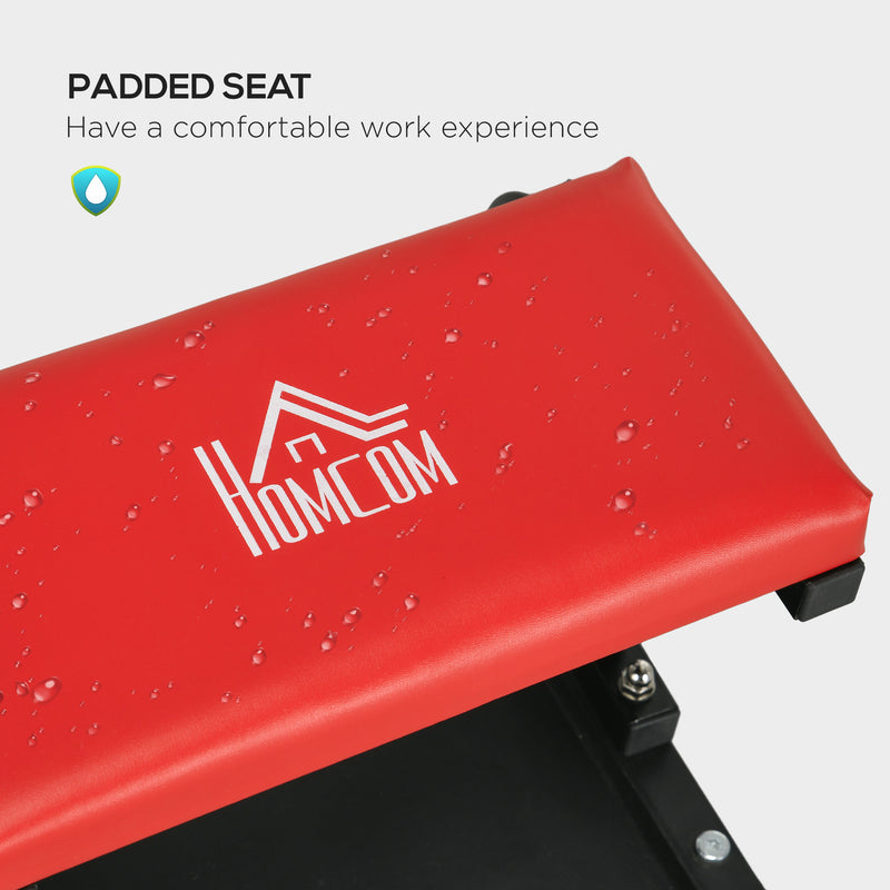Mechanic Stool with Tool Tray and Wheels for Comfortable Garage Work Red and Black AOSOM
