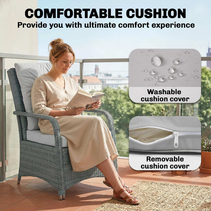 2-Seat Rattan Garden Bistro Set with 10cm Cushions, Tempered Glass Table and Weatherproof Cover, Grey