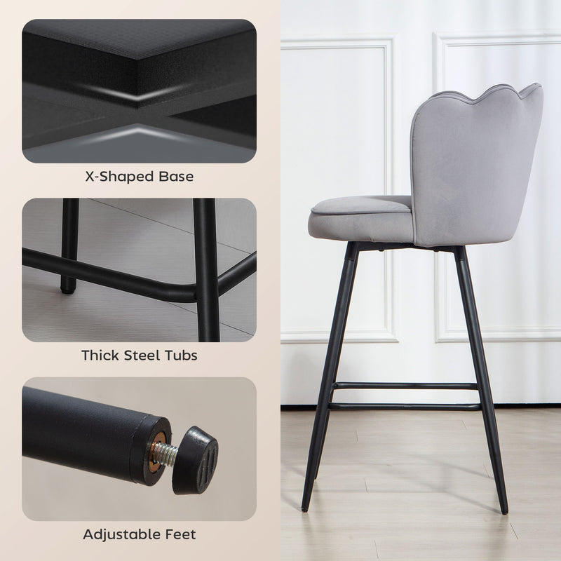 Set of 2 Velvet Bar Stools with Swivel Seats and Curved Backrest for Kitchen, Grey